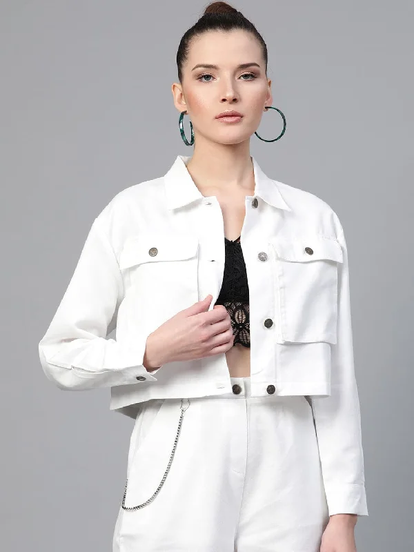 Women's cropped leather jackets with silver zippers for a punk - inspired outfitWhite Boxy Denim Jacket Women's cropped leather jackets with silver zippers for a punk - inspired outfitWhite Boxy Denim Jacket