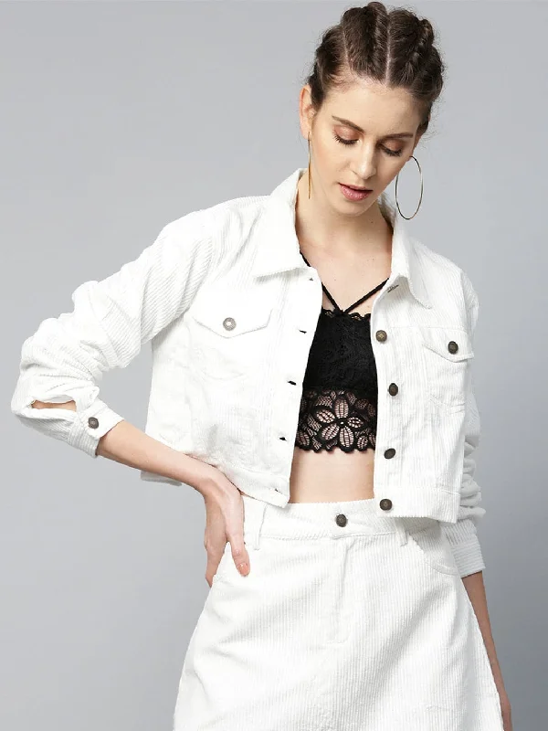 Women's windbreaker jackets with adjustable hoods for windy daysWhite Corduroy Boxy Jacket