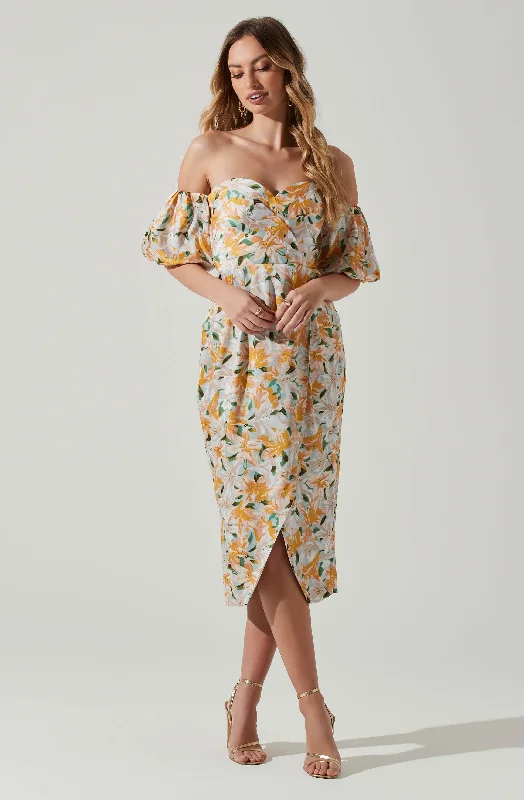 Ball Gown Women Dress with a Full Skirt for a Princess - like LookZurina Floral Off Shoulder Midi Dress Ball Gown Women Dress with a Full Skirt for a Princess - like LookZurina Floral Off Shoulder Midi Dress