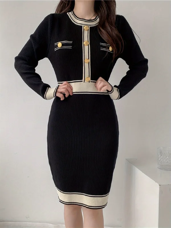 Little Black Women Dress with Sequins for a Glamorous Night Out Little Black Women Dress with Sequins for a Glamorous Night Out Sixsr Color Block Sweater Dress, Elegant Crew Neck Long Sleeve Dress, Women's Clothing