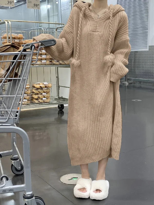 Empire Waist Women Dress to Accentuate the Bust and Conceal the Waist Empire Waist Women Dress to Accentuate the Bust and Conceal the Waist Sixsr Solid Long Sleeve Hooded Knit Dress, Casual Drawstring Thermal Dress For Fall & Winter, Women's Clothing