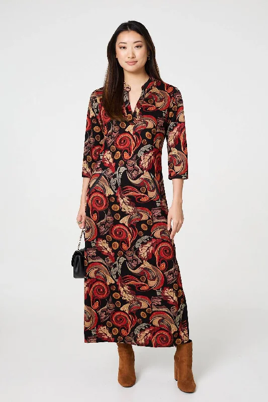 Maxi dresses with one - shoulder designs for a stylish and asymmetric lookAbstract 3/4 Sleeve Maxi Shift Dress Maxi dresses with one - shoulder designs for a stylish and asymmetric lookAbstract 3/4 Sleeve Maxi Shift Dress