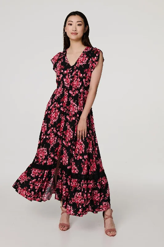 Floral Cap Sleeve Tiered Maxi Dress