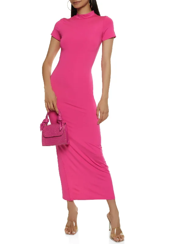 Maxi dresses with cold - shoulder cutouts for a trendy lookSolid Short Sleeve Mock Neck Maxi Dress Maxi dresses with cold - shoulder cutouts for a trendy lookSolid Short Sleeve Mock Neck Maxi Dress