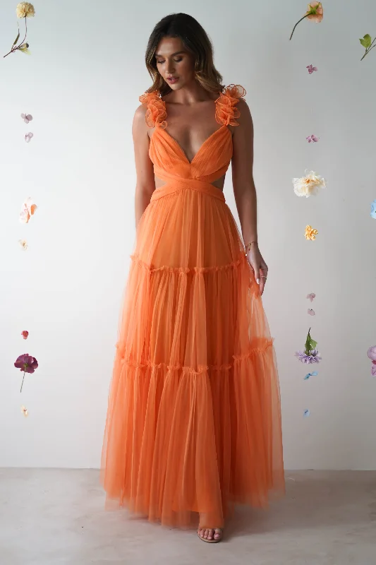 Sheer maxi dresses with lace overlays for a romantic touchGaliena Ruffle Tulle Maxi Dress | Orange Sheer maxi dresses with lace overlays for a romantic touchGaliena Ruffle Tulle Maxi Dress | Orange
