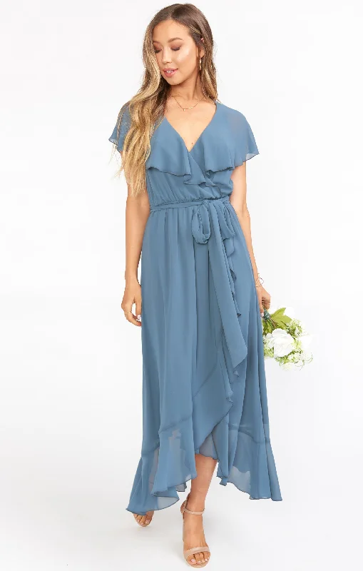 Maxi dresses with a button - down front for a classic lookJess Ruffle Midi Dress ~ Slate Blue Chiffon