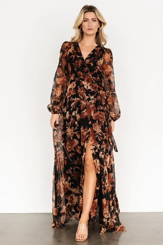 Satin maxi dresses with a high - low hem for a modern twistMaura Wrap Maxi Dress | Black Print Satin maxi dresses with a high - low hem for a modern twistMaura Wrap Maxi Dress | Black Print