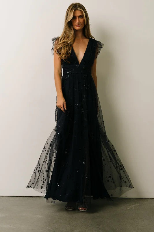 Printed maxi dresses with abstract patterns for an artistic lookNova Shimmer Maxi Dress | Navy Printed maxi dresses with abstract patterns for an artistic lookNova Shimmer Maxi Dress | Navy