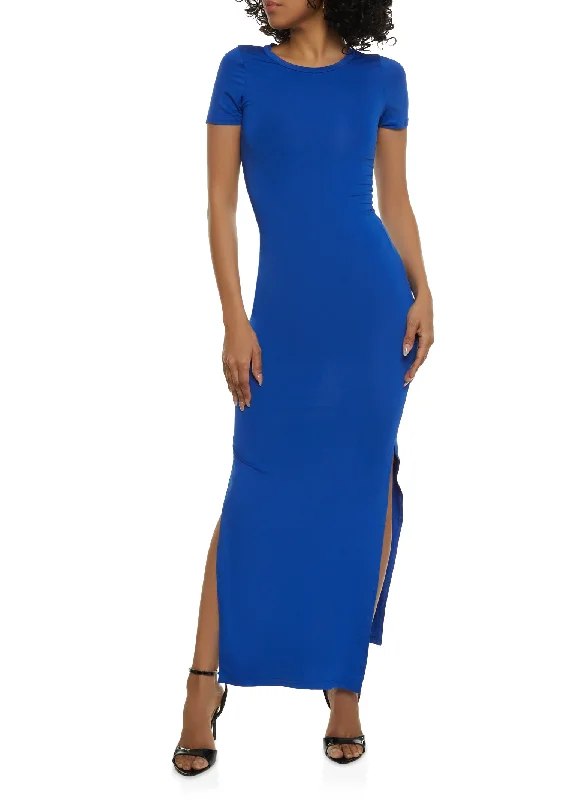 Maxi dresses with a criss - cross back for a flirty and unique detailCrew Neck Side Slit Maxi Dress Maxi dresses with a criss - cross back for a flirty and unique detailCrew Neck Side Slit Maxi Dress