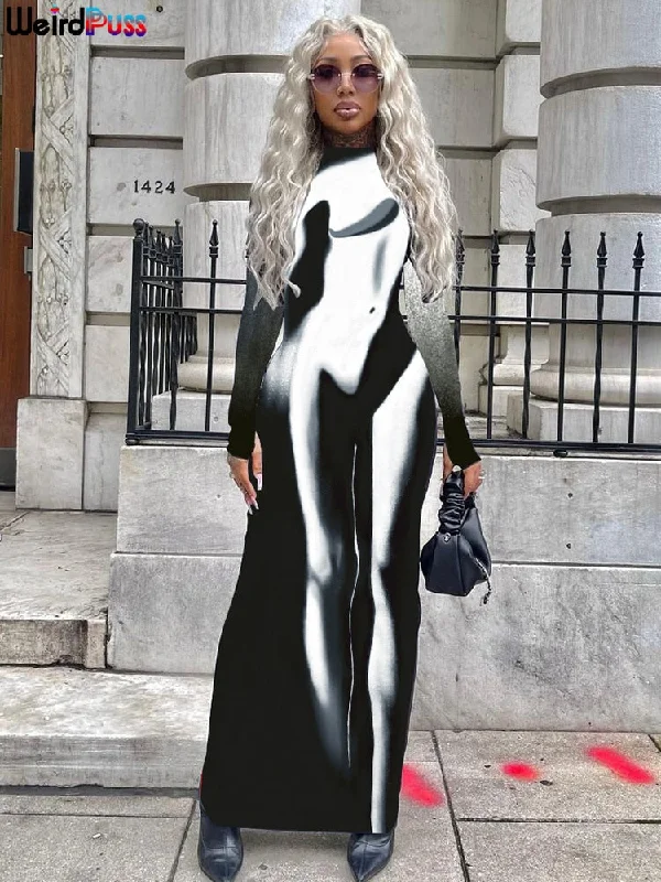 Maxi dresses with cut - out details on the sides for a modern edgeFashionSierra - Weird Puss Gradient Women Maxi Dress Skinny Stretchy Long Sleeve O-Neck Trend Bodycon Maxi dresses with cut - out details on the sides for a modern edgeFashionSierra - Weird Puss Gradient Women Maxi Dress Skinny Stretchy Long Sleeve O-Neck Trend Bodycon