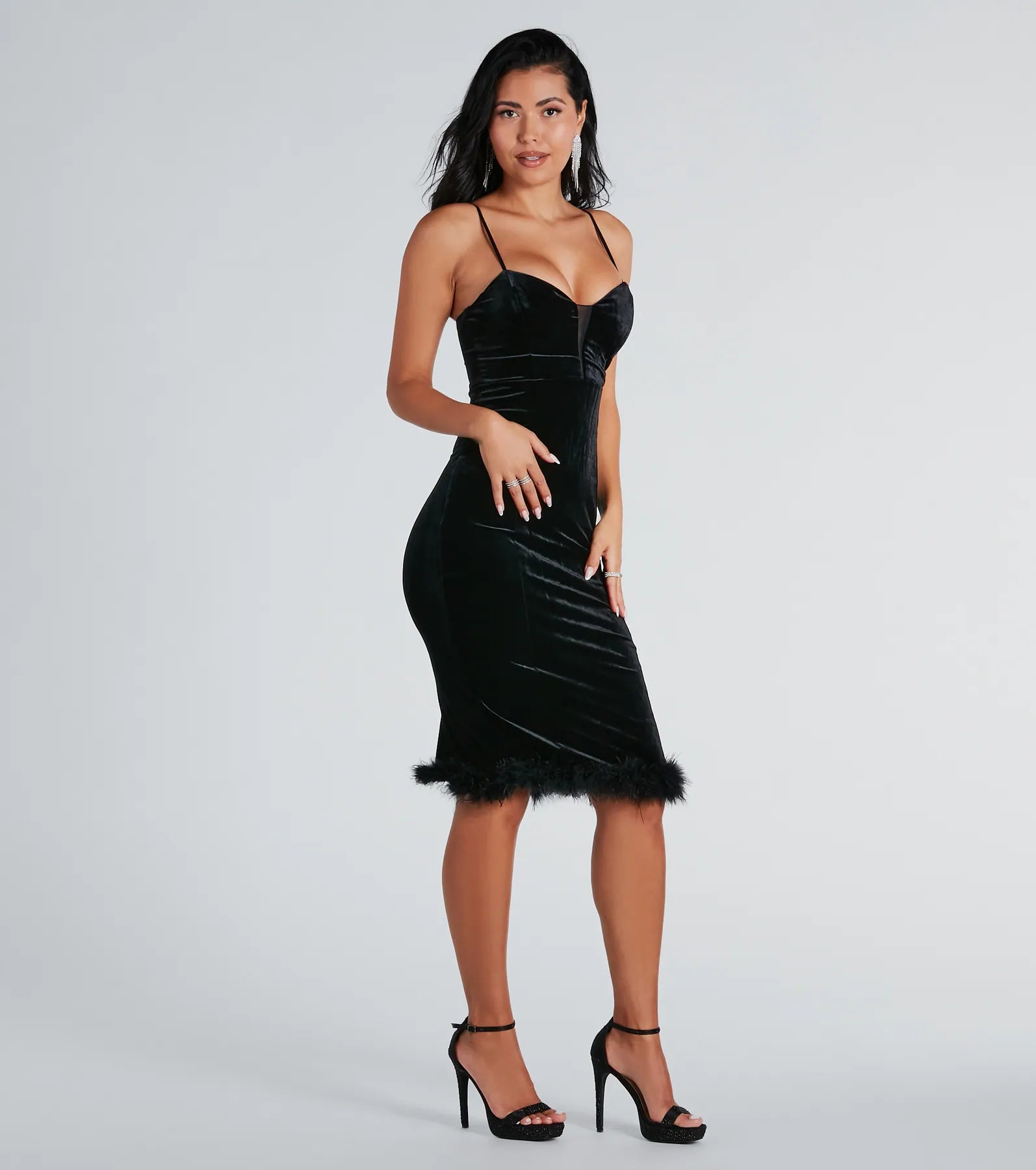 Midi dresses with abstract art prints for an artistic statementAlyssa Feather Trim Velvet Formal Midi Dress Midi dresses with abstract art prints for an artistic statementAlyssa Feather Trim Velvet Formal Midi Dress