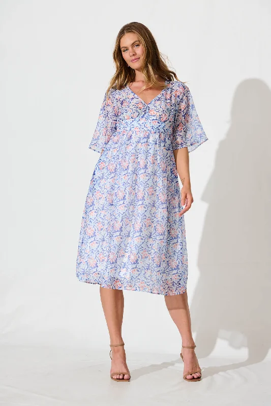 Angie Midi Dress In Blue Sketch Print