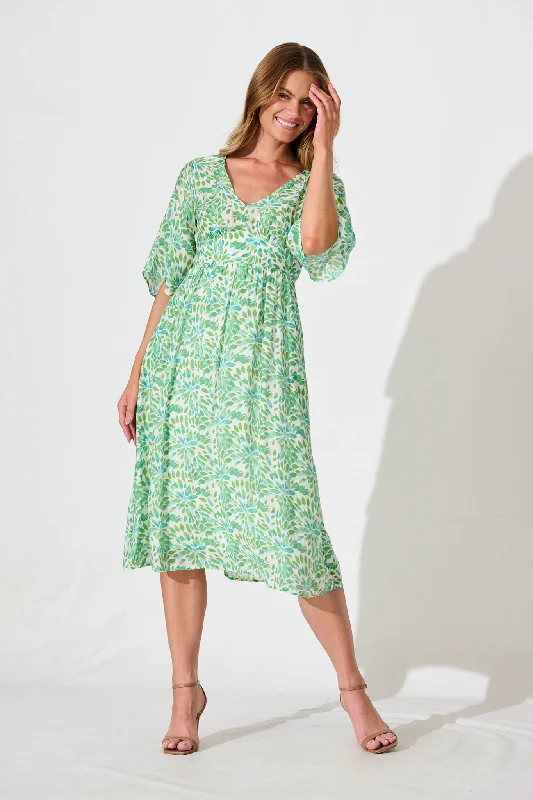 Angie Midi Dress In Green Floral Print