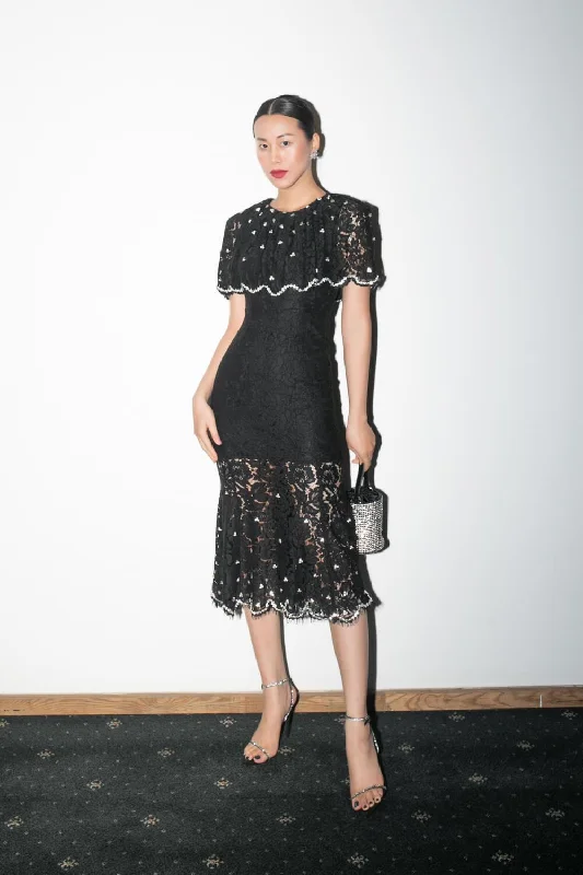Midi dresses with ribbed textures for a unique and tactile appearanceArielle Sheath Collared Neck Lace Midi Dress
