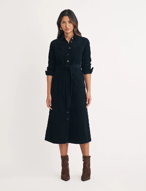 Black Cord Finchley Midi Shirt Dress