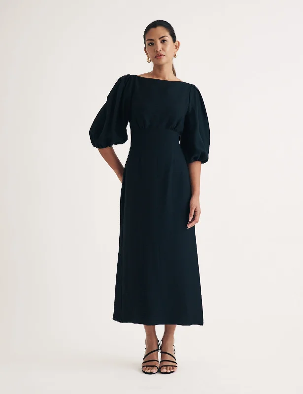 Black Puff Sleeve Hannah Midi Dress