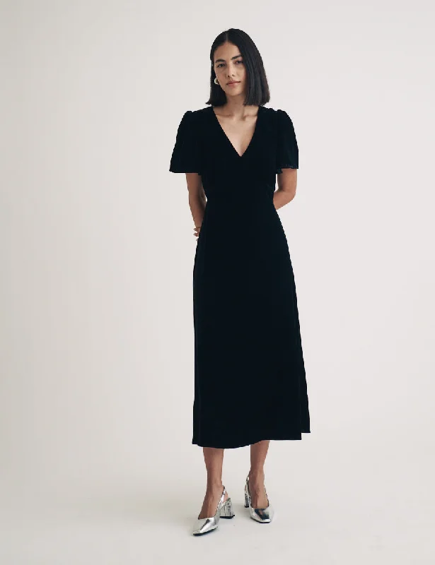 Black Velvet Atlas Midi Dress