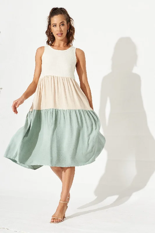 Midi dresses with lace - up fronts for a unique and adjustable styleCecily Midi Dress In Dusty Teal Colourblock Linen Midi dresses with lace - up fronts for a unique and adjustable styleCecily Midi Dress In Dusty Teal Colourblock Linen