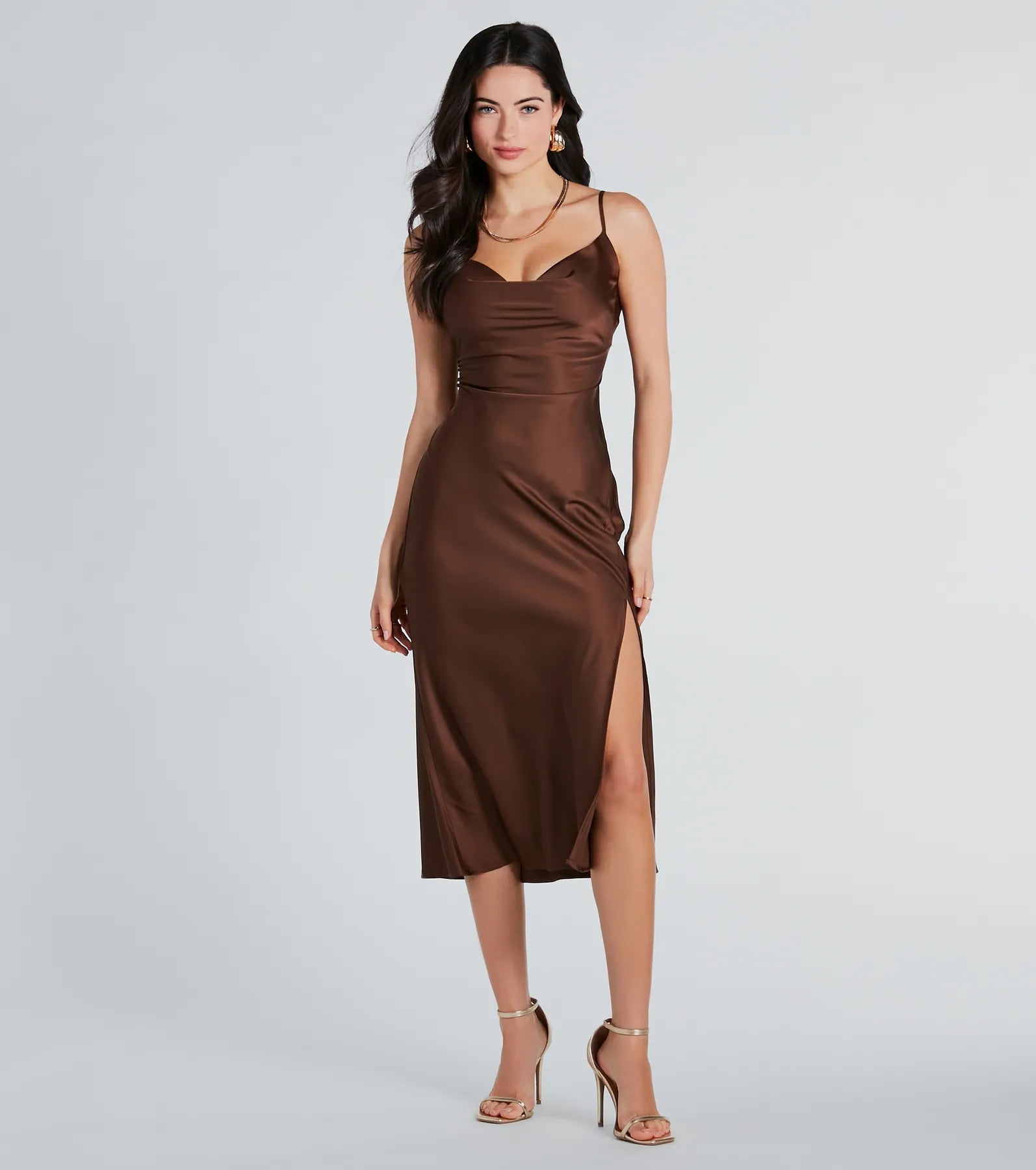 High - low midi dresses with geometric patterns for a modern partyClassic Silky Satin High Slit Midi Dress High - low midi dresses with geometric patterns for a modern partyClassic Silky Satin High Slit Midi Dress