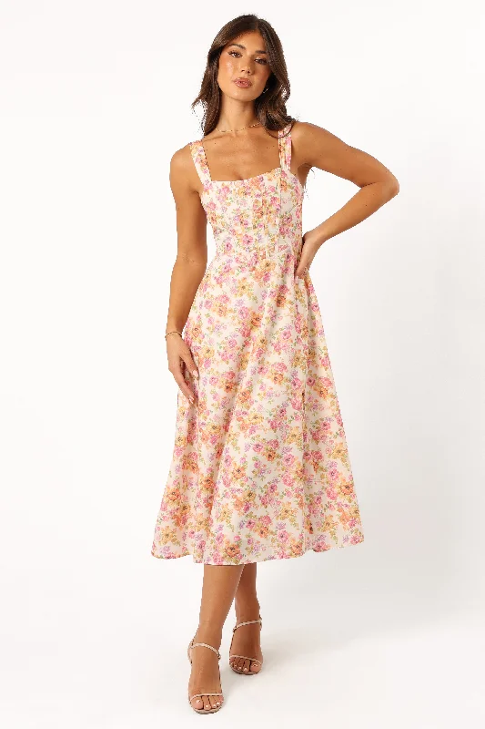 Midi dresses with mesh inserts for a trendy and breathable optionCosima Midi Dress - Pink Floral Midi dresses with mesh inserts for a trendy and breathable optionCosima Midi Dress - Pink Floral