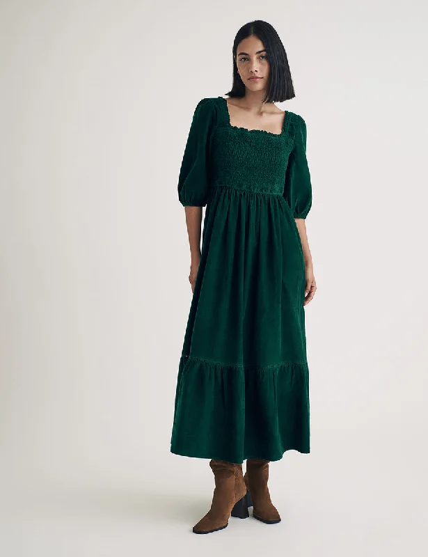 Dark Green Cord Elsa Midi Dress