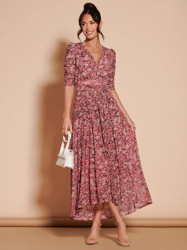 Midi dresses with ruffled hems for a romantic date nightDasha Ruched Sleeved Mesh Maxi Dress, Pink Multi Midi dresses with ruffled hems for a romantic date nightDasha Ruched Sleeved Mesh Maxi Dress, Pink Multi