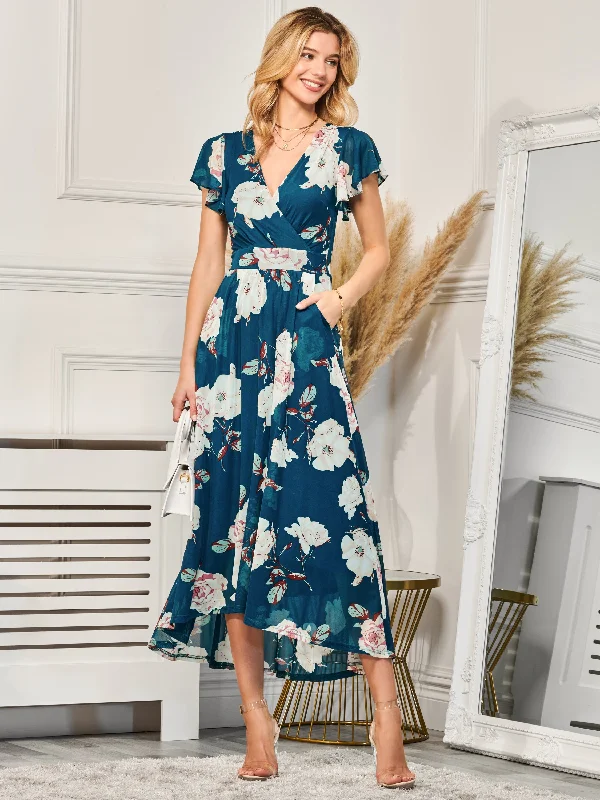 Midi dresses with halter necks for a stylish and comfortable optionDipped Hem Mesh Maxi Dress, Teal Floral Midi dresses with halter necks for a stylish and comfortable optionDipped Hem Mesh Maxi Dress, Teal Floral
