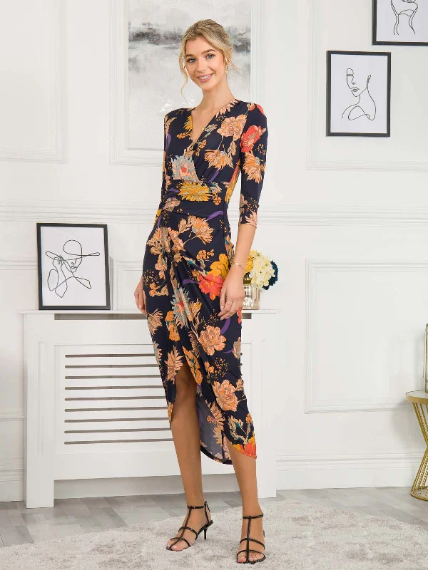 Midi dresses with fringe details for a fun and energetic styleEllen Draped Bodycon Maxi Dress, Navy Orange Floral Midi dresses with fringe details for a fun and energetic styleEllen Draped Bodycon Maxi Dress, Navy Orange Floral