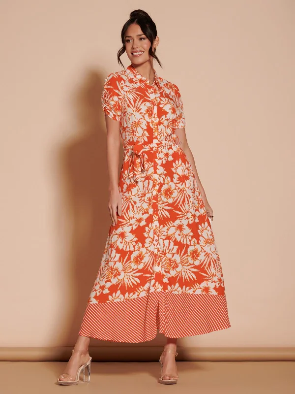 Elsie Floral Viscose Shirt Maxi Dress, Orange Multi