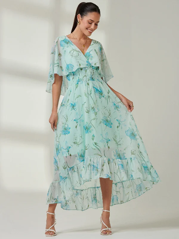Midi dresses with satin - finish fabrics for a luxurious feelFrill V-neck Chiffon Maxi Dress, Green Floral Midi dresses with satin - finish fabrics for a luxurious feelFrill V-neck Chiffon Maxi Dress, Green Floral