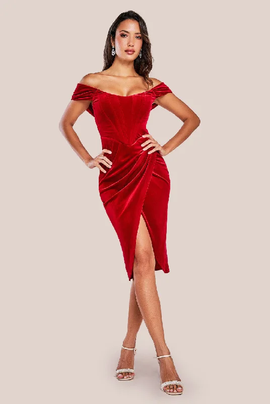 Midi dresses with mesh inserts for a trendy and breathable optionGoddiva Draped Shoulder Velvet Corset Midi - Red