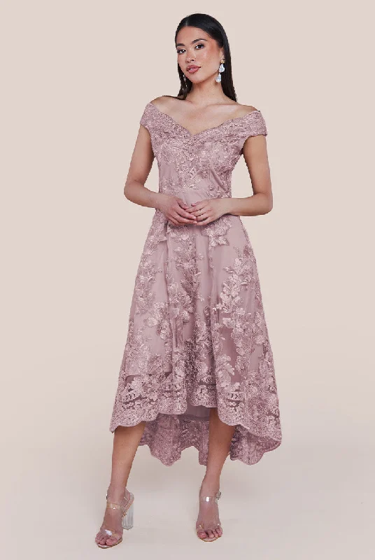 Midi dresses with cotton - blend materials for everyday comfortGoddiva Embroidered Lace Midi Dress With Asymmetrical Hem - Blush Midi dresses with cotton - blend materials for everyday comfortGoddiva Embroidered Lace Midi Dress With Asymmetrical Hem - Blush