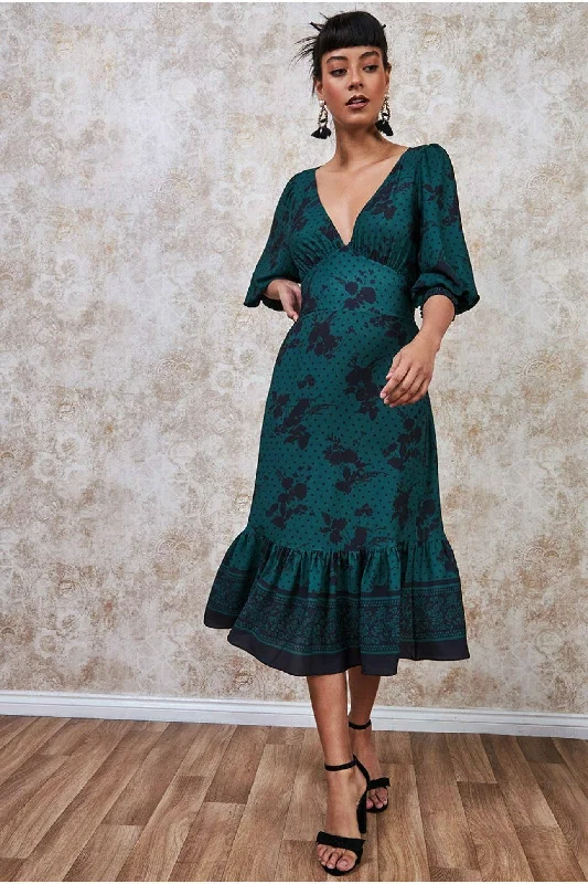 Midi dresses with tassel accents for a bohemian and free - spirited styleGoddiva Floral Print Puff Sleeve Midi Dress - Emerald Green Midi dresses with tassel accents for a bohemian and free - spirited styleGoddiva Floral Print Puff Sleeve Midi Dress - Emerald Green