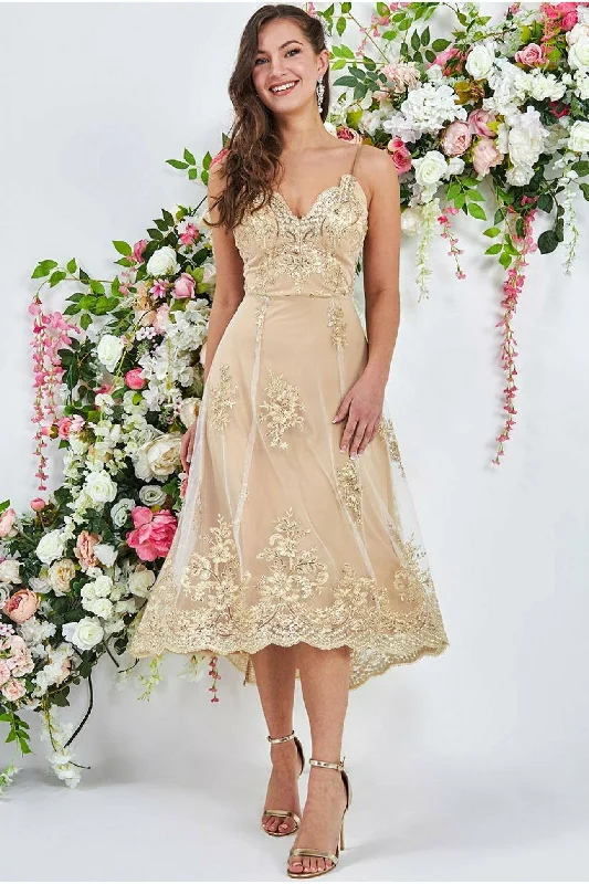 Midi dresses with mesh inserts for a trendy and breathable optionGoddiva High Low Scalloped Midi Dress - Gold Midi dresses with mesh inserts for a trendy and breathable optionGoddiva High Low Scalloped Midi Dress - Gold