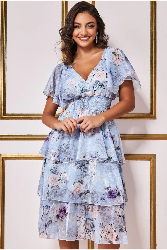 Midi dresses with puff sleeves for a vintage - inspired lookGoddiva Layered Floral Midi Flutter Sleeves - Blue Floral Midi dresses with puff sleeves for a vintage - inspired lookGoddiva Layered Floral Midi Flutter Sleeves - Blue Floral