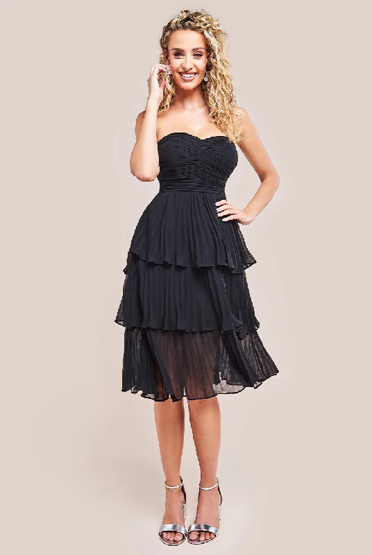Wrap - style midi dresses in silk for a sophisticated office lookGoddiva Pleated Bandeau Bodice Chiffon Tiered Midi - Black Wrap - style midi dresses in silk for a sophisticated office lookGoddiva Pleated Bandeau Bodice Chiffon Tiered Midi - Black