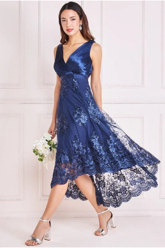 A - line midi dresses with floral prints for spring brunchesGoddiva Pleated Satin V Neck High And Low Midi - Navy A - line midi dresses with floral prints for spring brunchesGoddiva Pleated Satin V Neck High And Low Midi - Navy