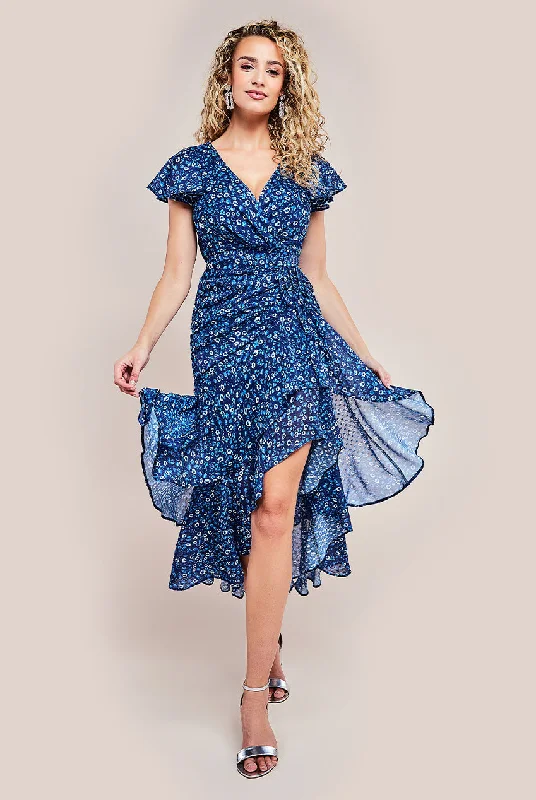 Wrap - style midi dresses in silk for a sophisticated office lookGoddiva Printed Wrap High And Low Midaxi Dress - Navy Wrap - style midi dresses in silk for a sophisticated office lookGoddiva Printed Wrap High And Low Midaxi Dress - Navy