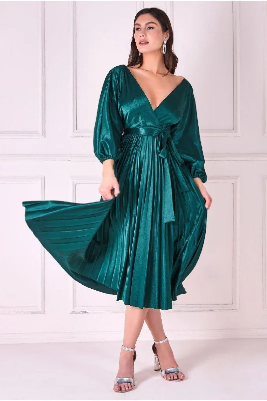 Wrap - style midi dresses in silk for a sophisticated office lookGoddiva Satin Pleated Skirt Wrap Midi Dress - Emerald Green Wrap - style midi dresses in silk for a sophisticated office lookGoddiva Satin Pleated Skirt Wrap Midi Dress - Emerald Green
