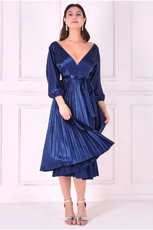 Goddiva Satin Pleated Skirt Wrap Midi Dress - Navy