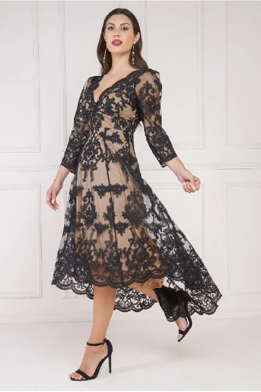 Midi dresses with side slits for a sexy and elegant appearanceGoddiva Scalloped Lace Dipped Hem Midi Dress - Black Midi dresses with side slits for a sexy and elegant appearanceGoddiva Scalloped Lace Dipped Hem Midi Dress - Black