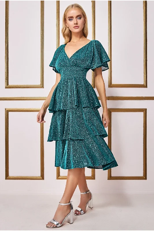 Midi dresses with gathered skirts for a full and flowing silhouetteGoddiva Sequin Lurex Tiered Midi Dress - Teal Blue Midi dresses with gathered skirts for a full and flowing silhouetteGoddiva Sequin Lurex Tiered Midi Dress - Teal Blue