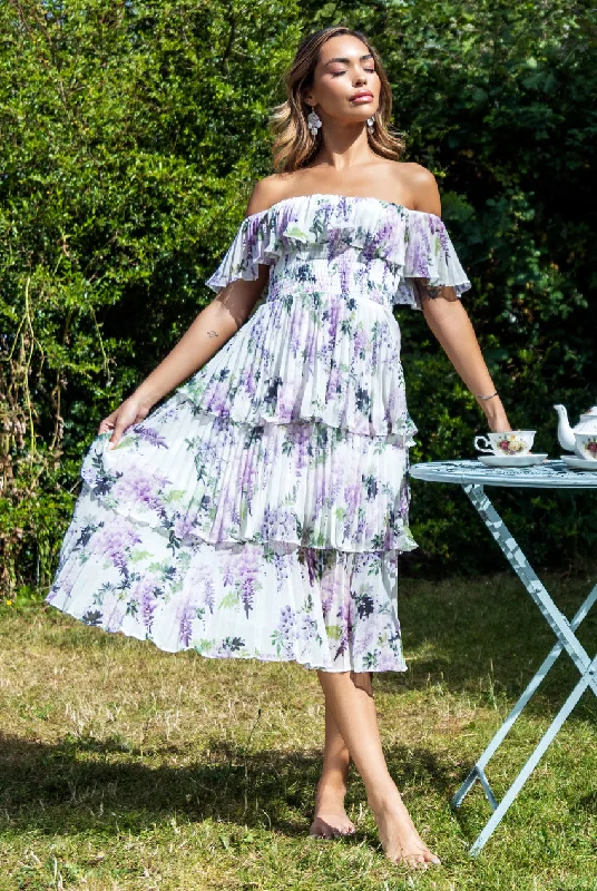 Midi dresses with tiered skirts for a bohemian festival lookGoddiva Shirred Chiffon Floral Bardot Midi Dress - Multi Midi dresses with tiered skirts for a bohemian festival lookGoddiva Shirred Chiffon Floral Bardot Midi Dress - Multi