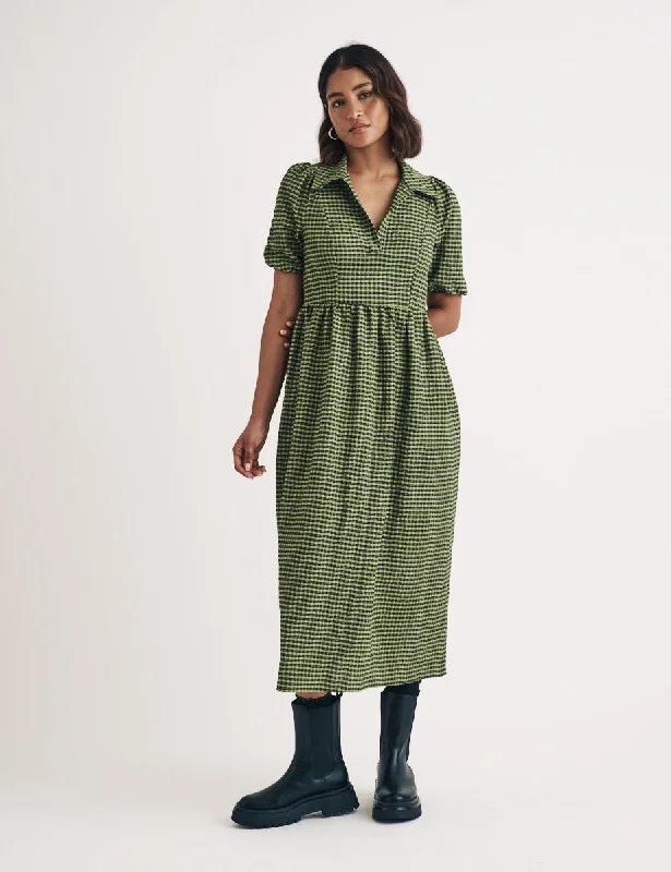 Green Check Open Collar Hebe Midi Dress