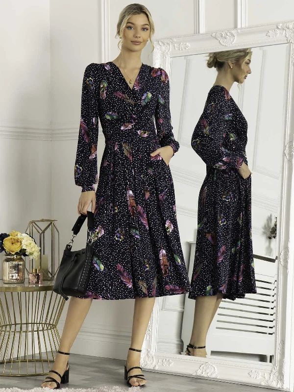 Midi dresses with pleated bodices for a classic and tailored lookHarper Long Sleeve Jersey Dress, Navy Multi Midi dresses with pleated bodices for a classic and tailored lookHarper Long Sleeve Jersey Dress, Navy Multi