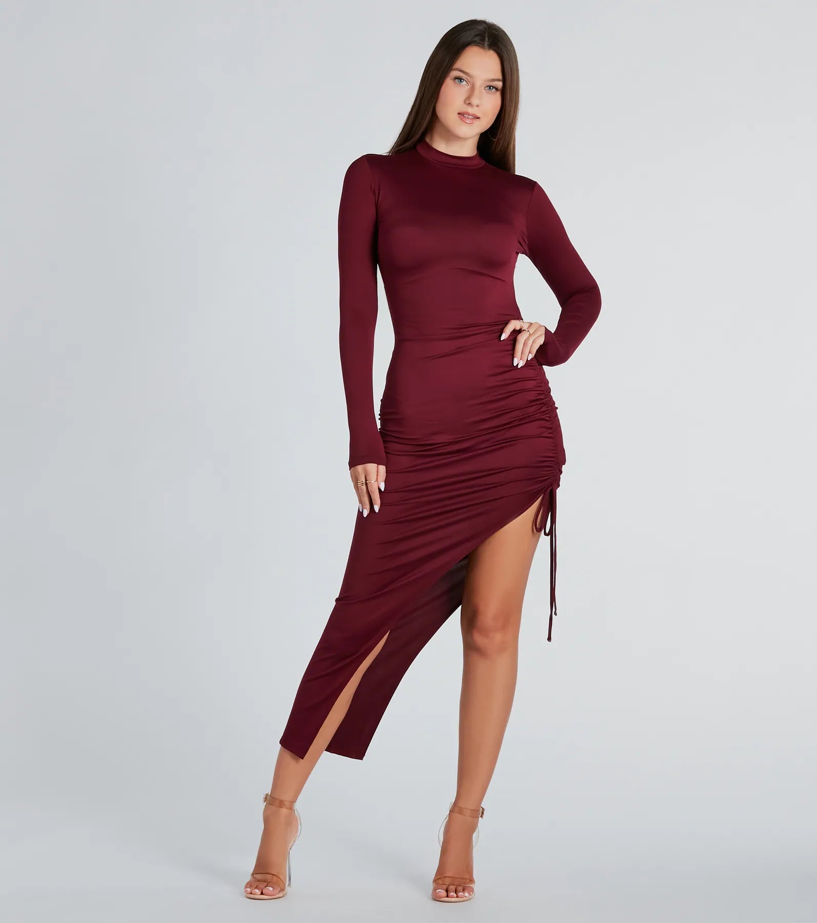 Midi dresses with printed lining for a hidden and stylish detailIn The Lineup Mock Neck High Slit Midi Dress Midi dresses with printed lining for a hidden and stylish detailIn The Lineup Mock Neck High Slit Midi Dress