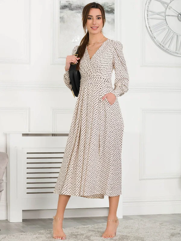 Midi dresses with V - necklines for a flattering and elongating effectJolie Moi Allyn Long Sleeved Maxi Dress, Cream Polka Dot Midi dresses with V - necklines for a flattering and elongating effectJolie Moi Allyn Long Sleeved Maxi Dress, Cream Polka Dot