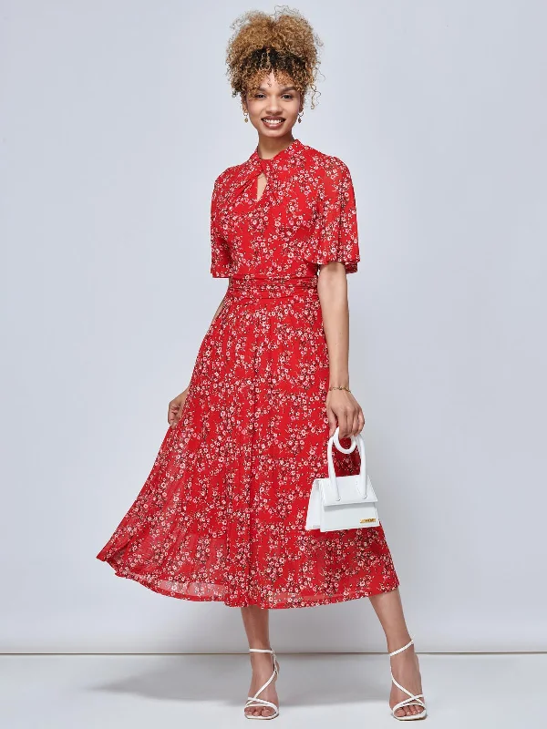 Jolie Moi Carina Key Hole Mesh Midi Dress, Red Floral