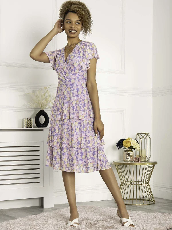 Midi dresses with keyhole backs for a flirty and unexpected detailJolie Moi Gabielle Tiered Midi Dress, Purple Floral Midi dresses with keyhole backs for a flirty and unexpected detailJolie Moi Gabielle Tiered Midi Dress, Purple Floral