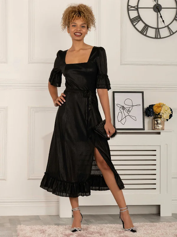 Midi dresses with printed lining for a hidden and stylish detailJolie Moi Janice Square Neck Frill Midi Dress, Black Midi dresses with printed lining for a hidden and stylish detailJolie Moi Janice Square Neck Frill Midi Dress, Black